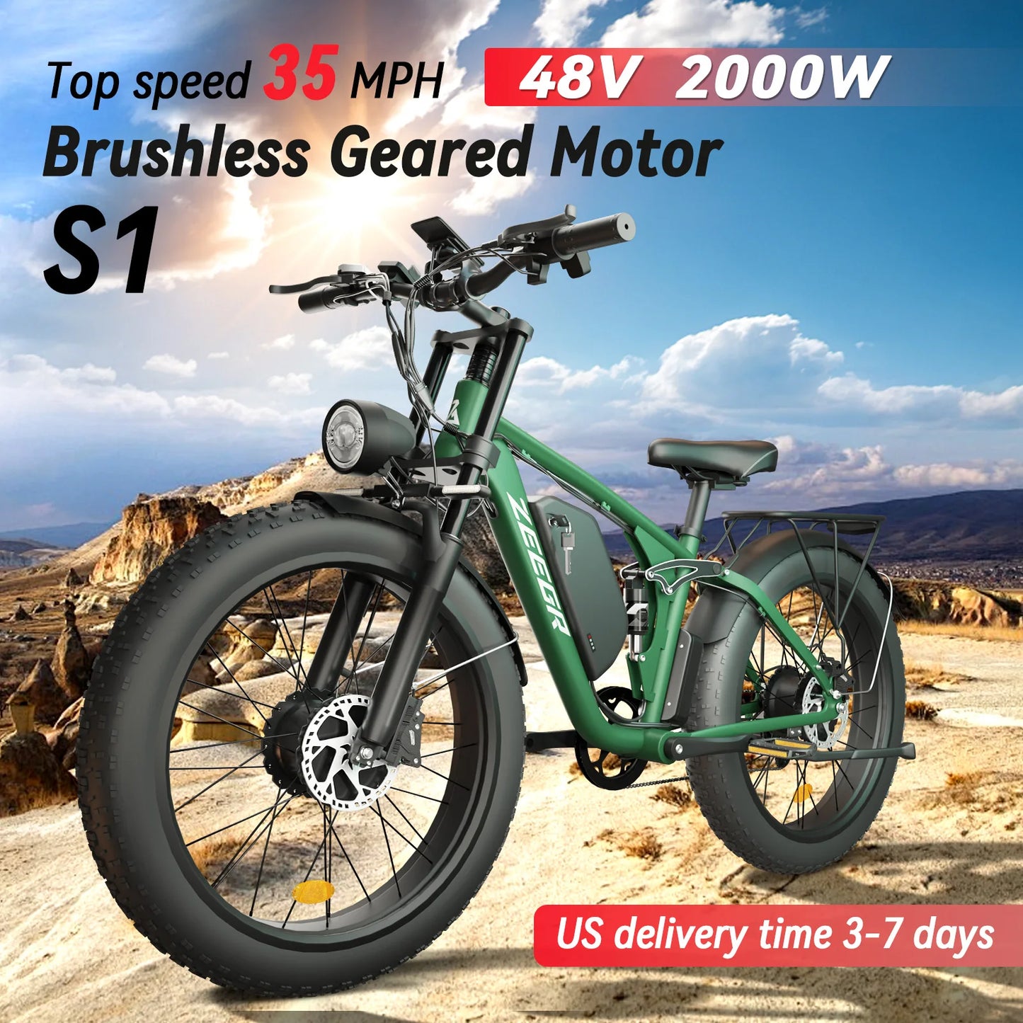 Zeegr S1 Electric Mountain Bike - Dual Motor, Full Suspension, 35MPH Speed, 80 Mile Range, Perfect for Off-Road Adventures
