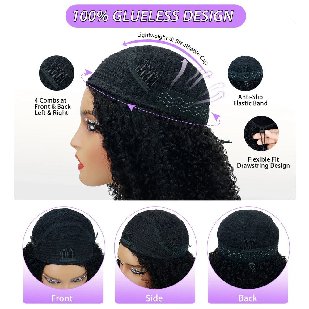 Glueless Human hair Wigs Kinky Curly Headband Wig Upgrade 3 IN 1 Half Wig With Drawstring Seamless Clip Ins Flip Over For Women