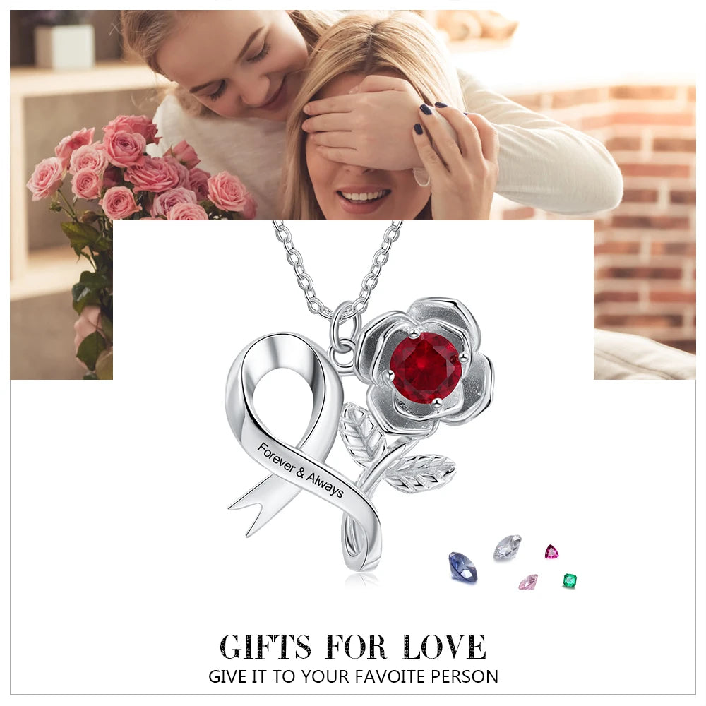 JewelOra Personalized 12 Colors Birthstone Rose Flower Leaves Necklace Customized Engraving Pendant Necklace Valentines Day Gift