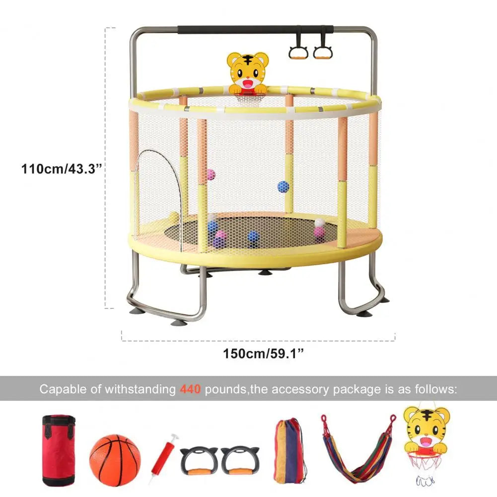 5FT Kids Indoor Outdoor Trampoline, Baby Toddler Trampoline with Basketball Hoop, Swing, Sandbag, Ocean Balls, Enclosure Net