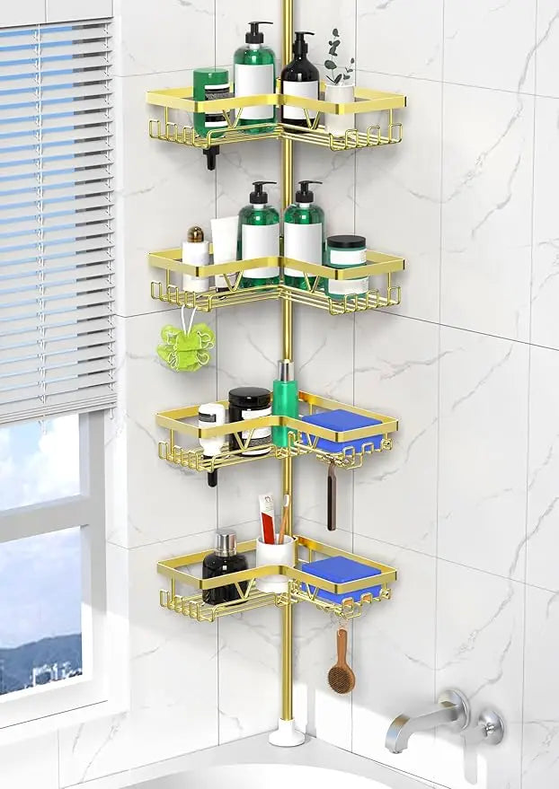 Corner Shower Caddy Tension Pole - 4 Tier Stainless Steel Rustproof Shower Corner Caddy for Bathtub Bathroom Shower Organizer