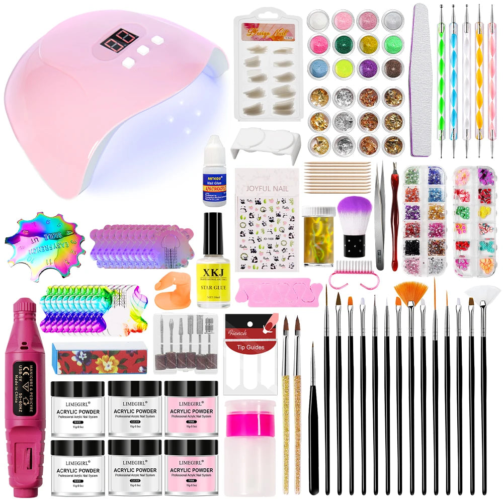 Nail Glitter Acrylic Powder Set for Beginner Manicure Crystal 3D Art DIY Carving Kit with Nails Lamp and Drill Professional Tool