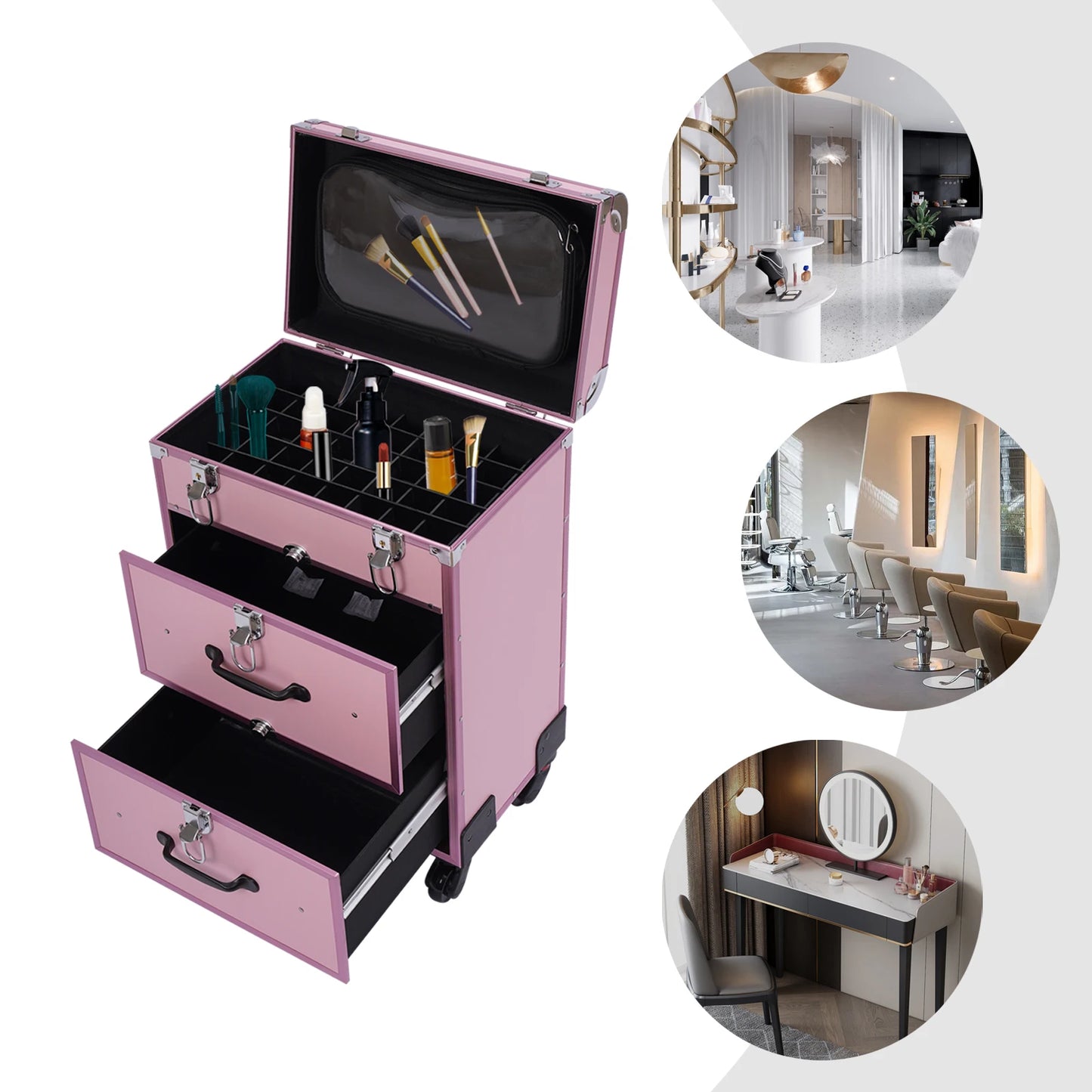 Sturdy Pink Makeup Case with Wheels - Versatile Storage for Beauty Tools and Cosmetics