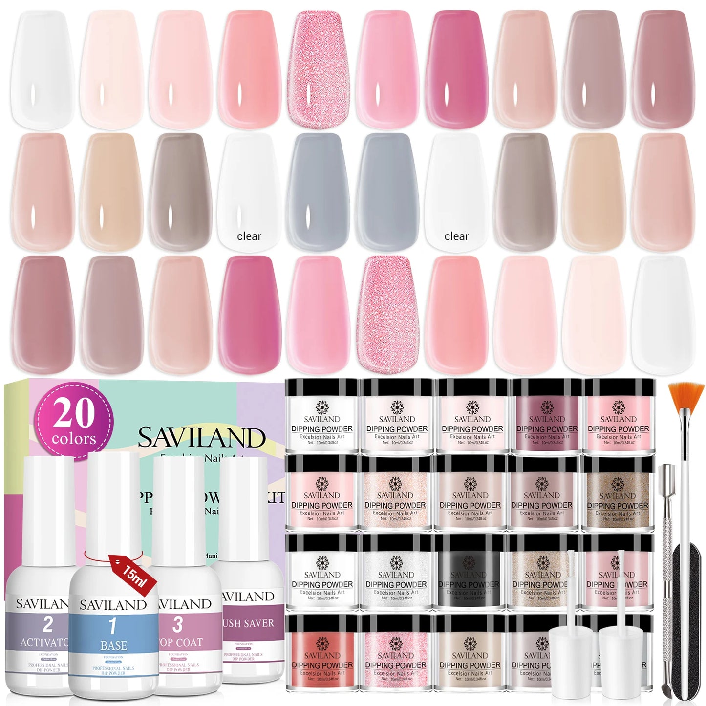 Saviland 20 Colors Dipping Powder Acrylic Powder Dip Powder Liquid Set with Base Top Coat Natural Dry Long Lasting Nail Art