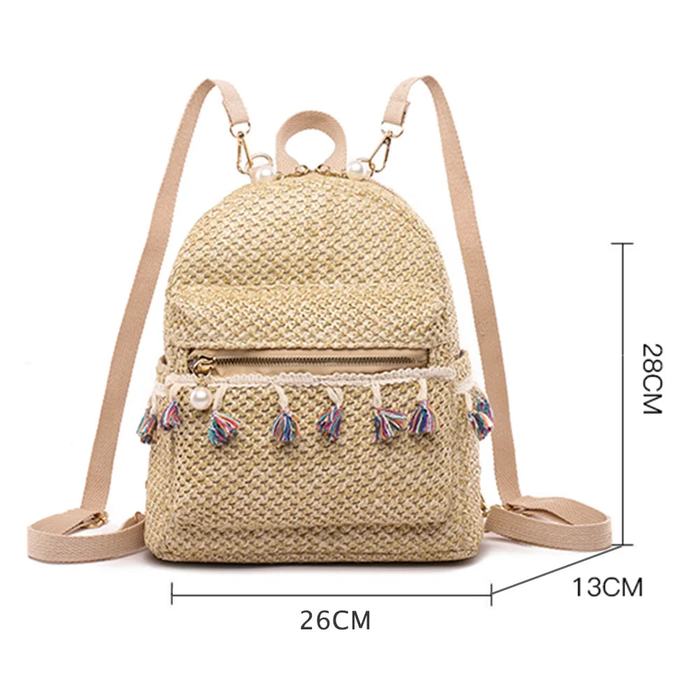 Bohemian Woven Backpack Straw School Bag Large Capacity Fashion Students Bookbag Stylish Shoulder Backpack Outdoor Travel Bag