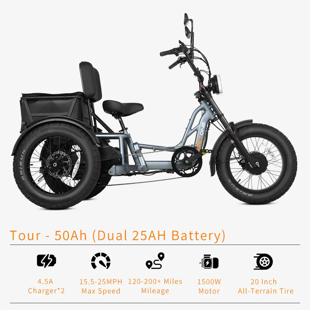 High Power Remote Dual Motor Dual Battery 3 Wheel E Cargo Tricycle Adult Sand Snow Fat Tire Electric Delivery Tricycle
