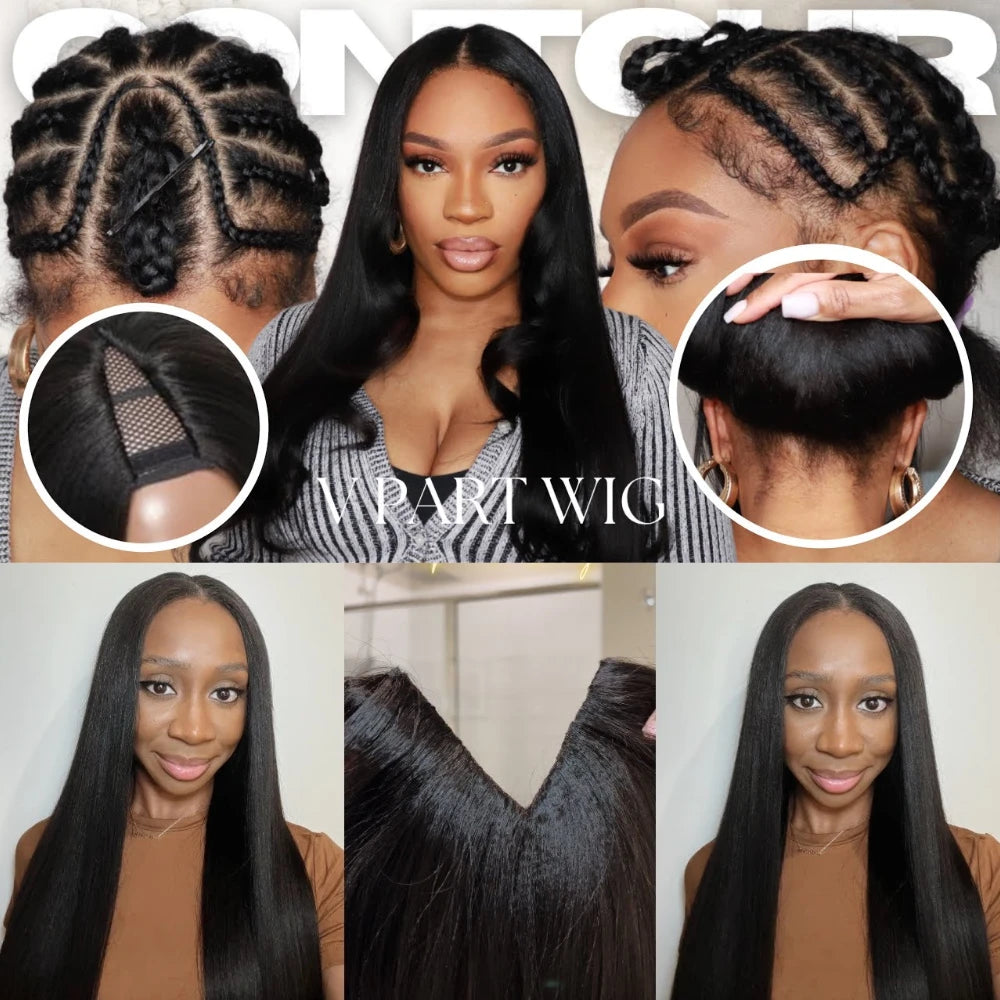 UNice Hair Natural Color Yaki Straight Human Hair Wig Pre Cut Pre Bleached 7x5 Lace Glueless Wig & V Part Wig 150% Density