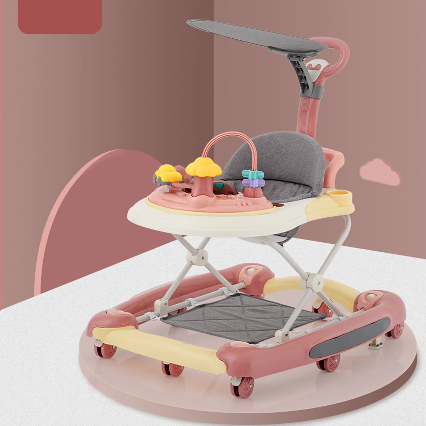 Baby Multi-Functional Comfortable Walker With Awning Anti-Rollover Adjust And Shake The Walker Foldable Baby Walker For Boy Girl