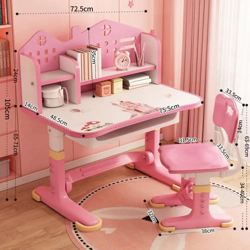 Kids Functional Desk Chair Set Height Adjustable Children School Study Desk with Castle Backboard, Widened Desktop, Bookstand