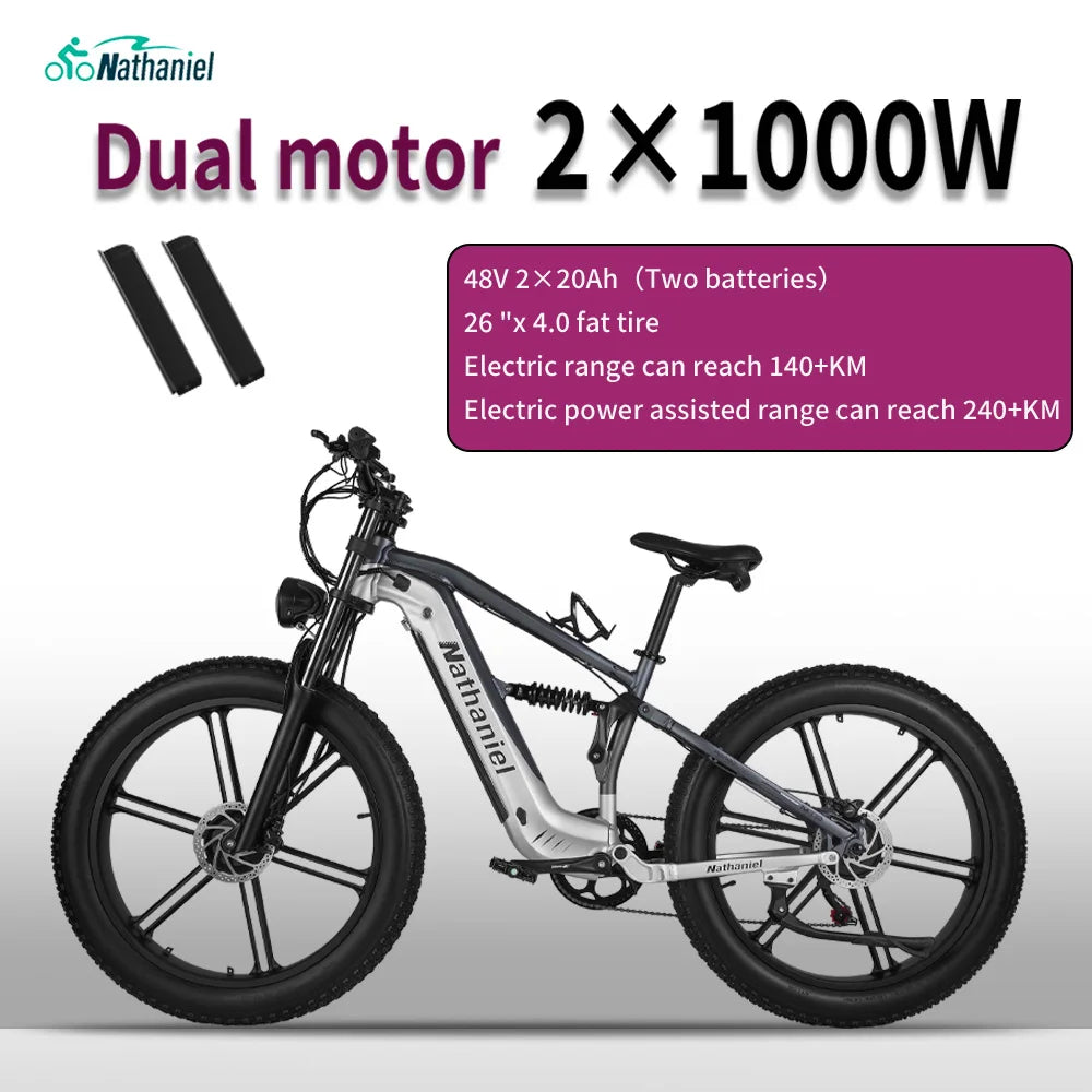 Nathaniel SYR09 26*4.0 electric bike, dual motor 2000W integrated wheel, 48V 20Ah, adjustable shock absorption, suitable for be