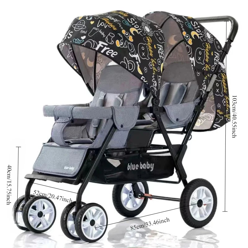 Large Double Stroller Sit Lying Foldable Portable Front & Rear Seat with Adjustable Backrest Canopy Double Brake Storage Basket