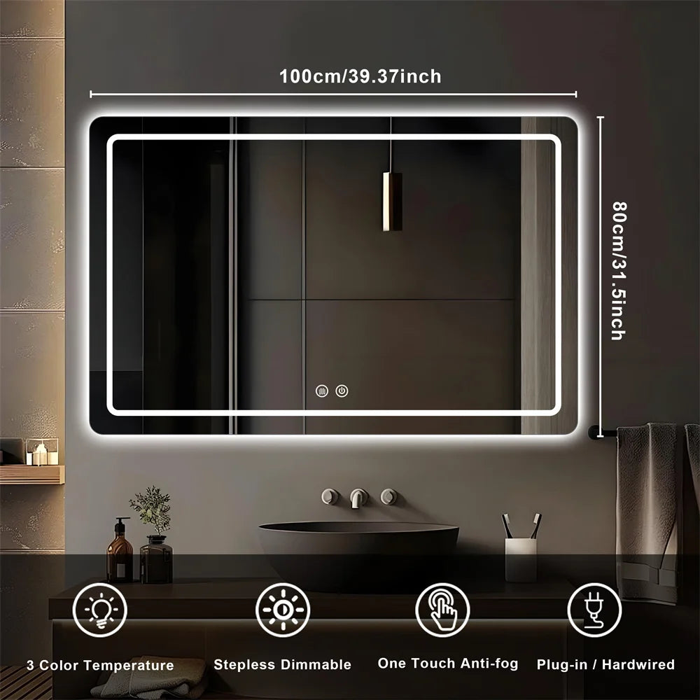 32x40 inch LED Bathroom Mirror Vanity Mirrors with Backlit Lights Fogless Makeup Mirror Wall Mounted with Demister Dimmable