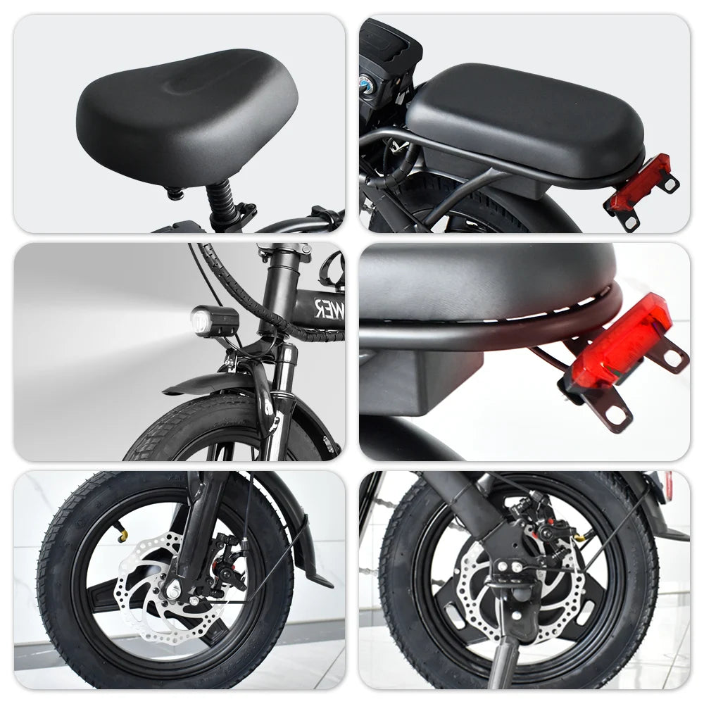 DEEPOWER Electric Bike for Adult 600W Peak Motor, 21MPH Folding Ebike, 14" Electric Bicycles, 3 Levels Assist, Multi-Shock Ebike