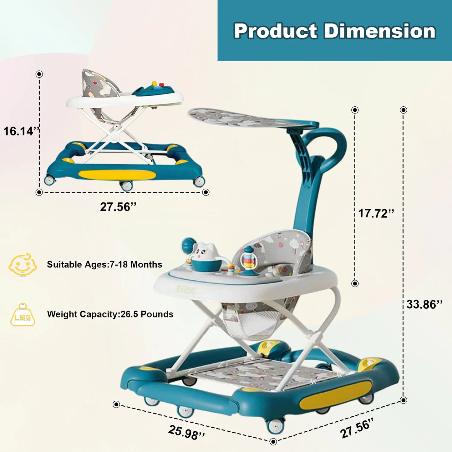 6 in 1 Baby Walker with Music,Lights,Spinning Wheels,Toy Rack,Pusher,Dining Tray For 7 Months Plus Kids Push Walker Antirollover