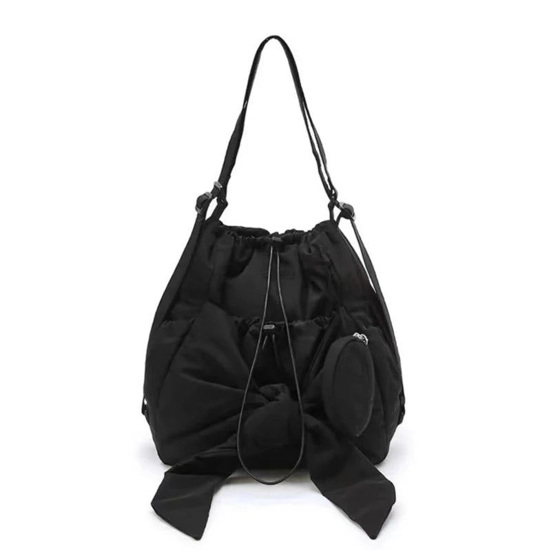 Women Simple Shoulder Bag Large Capacity Bow Daily Tote Handbag Solid Color Casual Backpack Ladies Travel Backpack