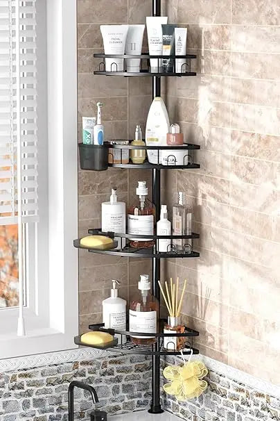 Tension Pole Shower Caddy Corner: Adjustable 4tier Bathroom Organizer Shelves - Rustproof Bathtub Shampoo Rack 43.5-120 inch