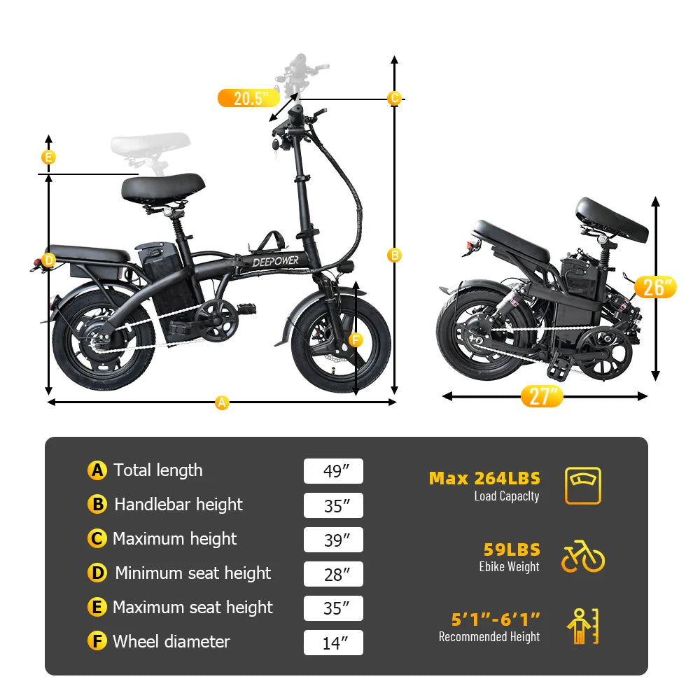 DEEPOWER Electric Bike for Adult 600W Peak Motor, 21MPH Folding Ebike, 14" Electric Bicycles, 3 Levels Assist, Multi-Shock Ebike