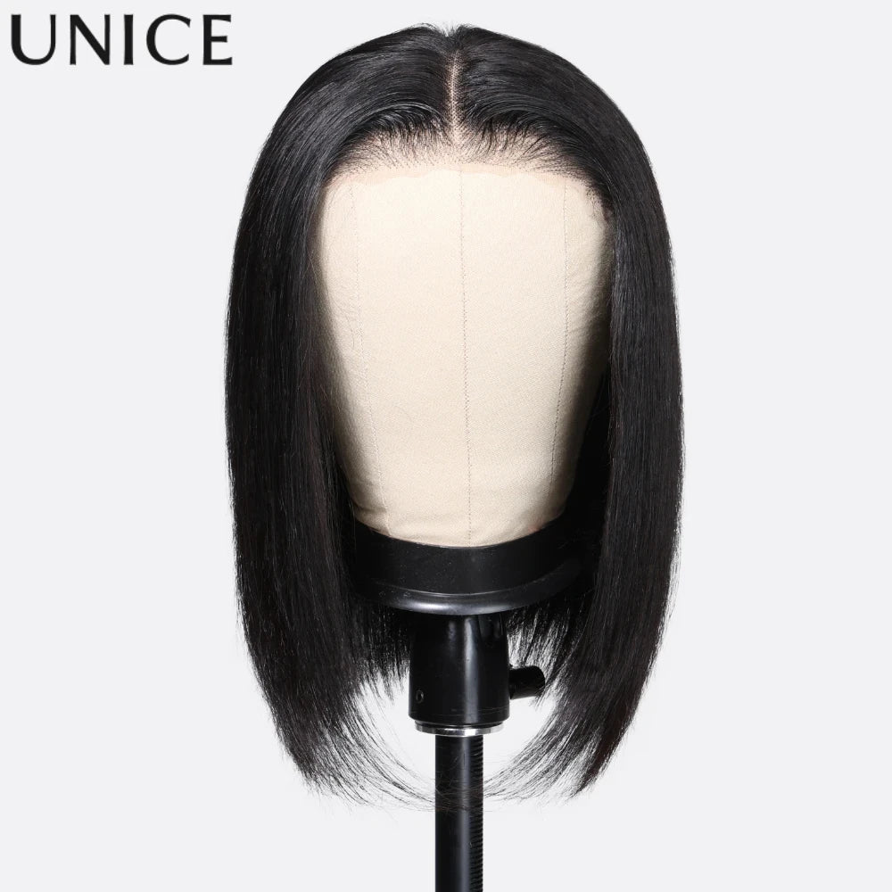 UNice 7x5 Pre Cut Pre Bleached Glueless Wig Human Hair Bone Straight & Yaki Straight Bob Wigs 150% Density