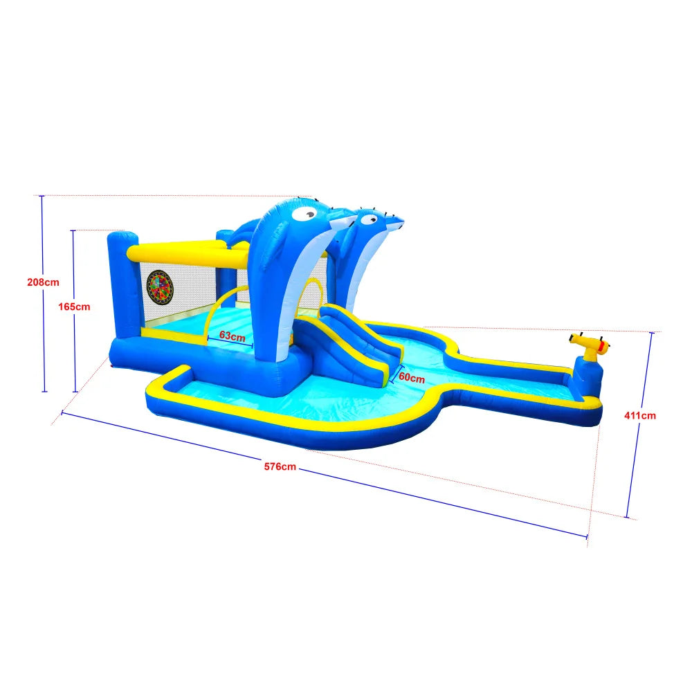 6 in1 Inflatable slide water park trampoline bouncing house outdoor garden with Dolphin sprinkler & Target games & Water gun