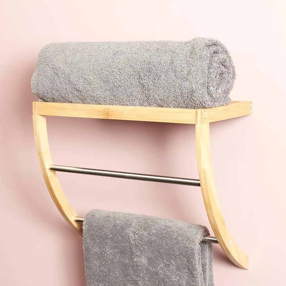 Bamboo Wall Mount Shelf with 2-Tier Towel Rack Open Slanted Organizer Durable Eco-Friendly Storage Solution Easy Installation