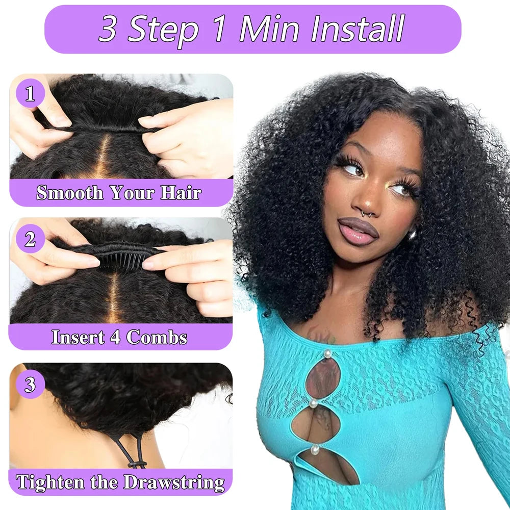 Glueless Human hair Wigs Kinky Curly Headband Wig Upgrade 3 IN 1 Half Wig With Drawstring Seamless Clip Ins Flip Over For Women