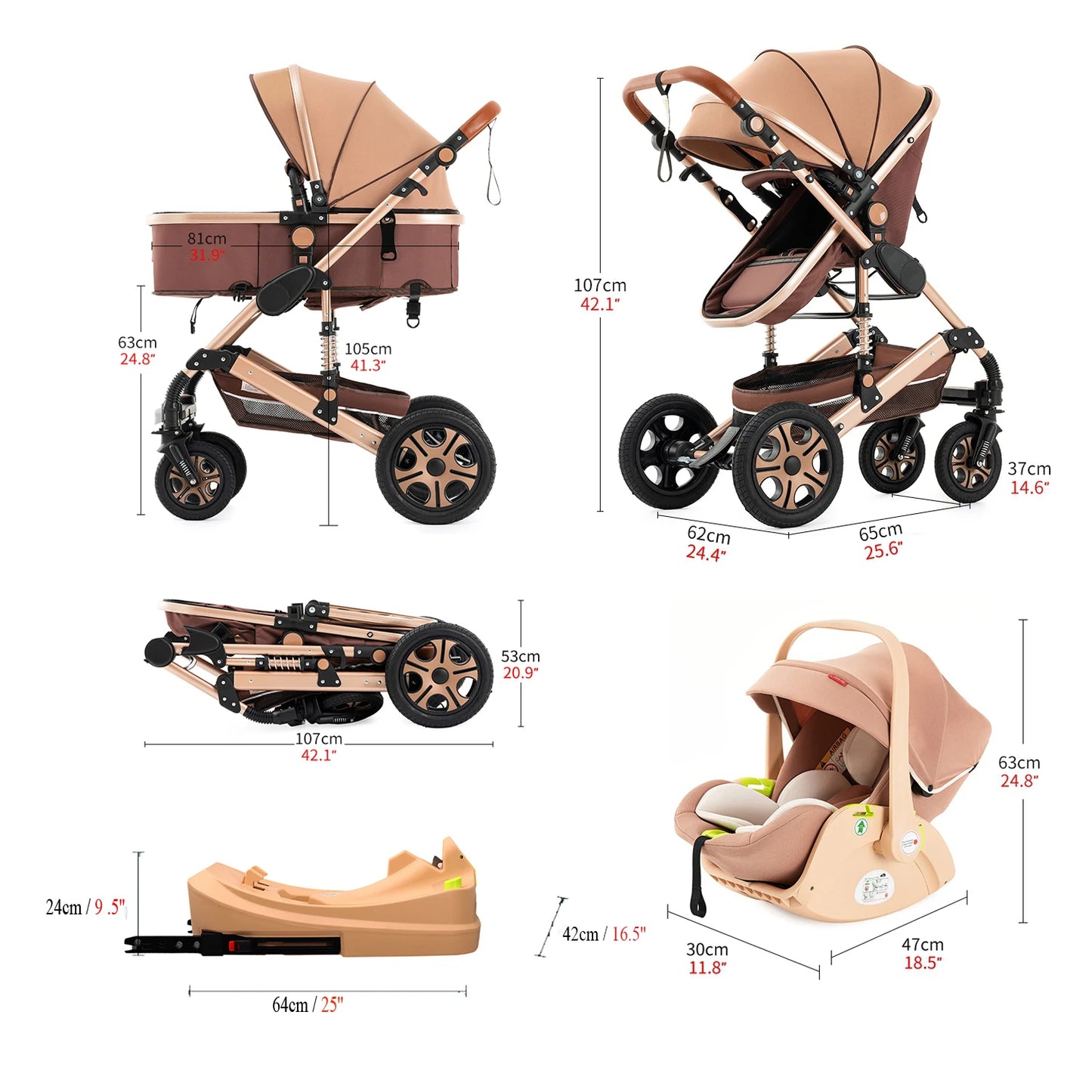 Baby Stroller Combo Car Seat Travel System for Newborn with Isofix Base,Baby Carriage 3in1 Reversible Toddler Stroller