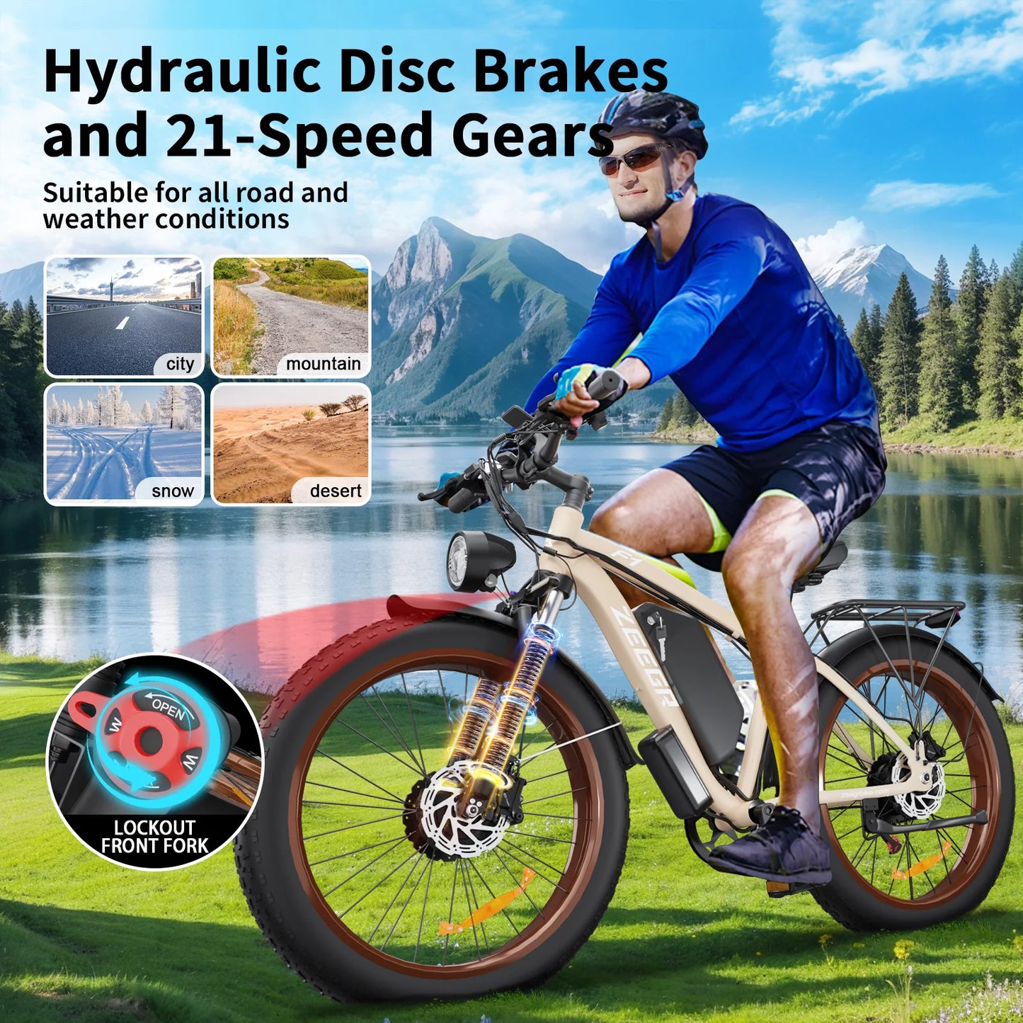 ZEEGR F1 1000W Electric Bike 26 Inch Tire 48V 16AH Removable Battery Full Suspension Long Range E-Bike for Commute & Outdoor