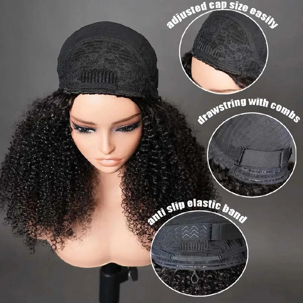 Glueless Human hair Wigs Kinky Curly Headband Wig Upgrade 3 IN 1 Half Wig With Drawstring Seamless Clip Ins Flip Over For Women