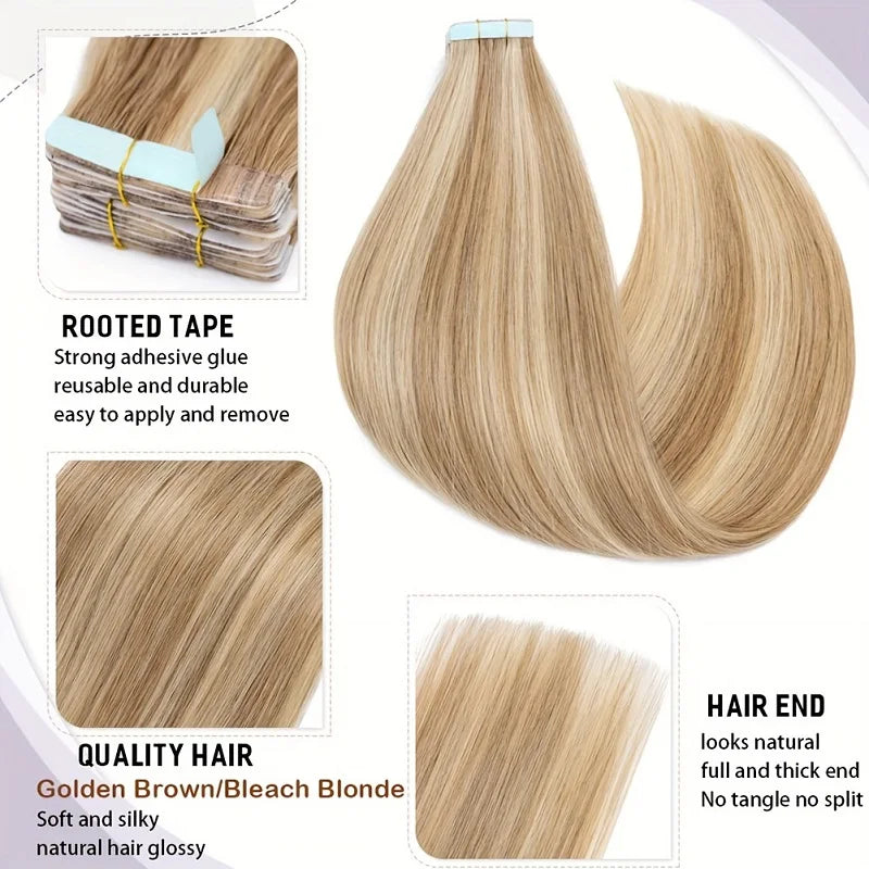 HAIRTIME Invisible Tape in Human Hair Extensions Light Golden Brown Blonde Hair Seamless Human Hair Tape In Extension Human Hair