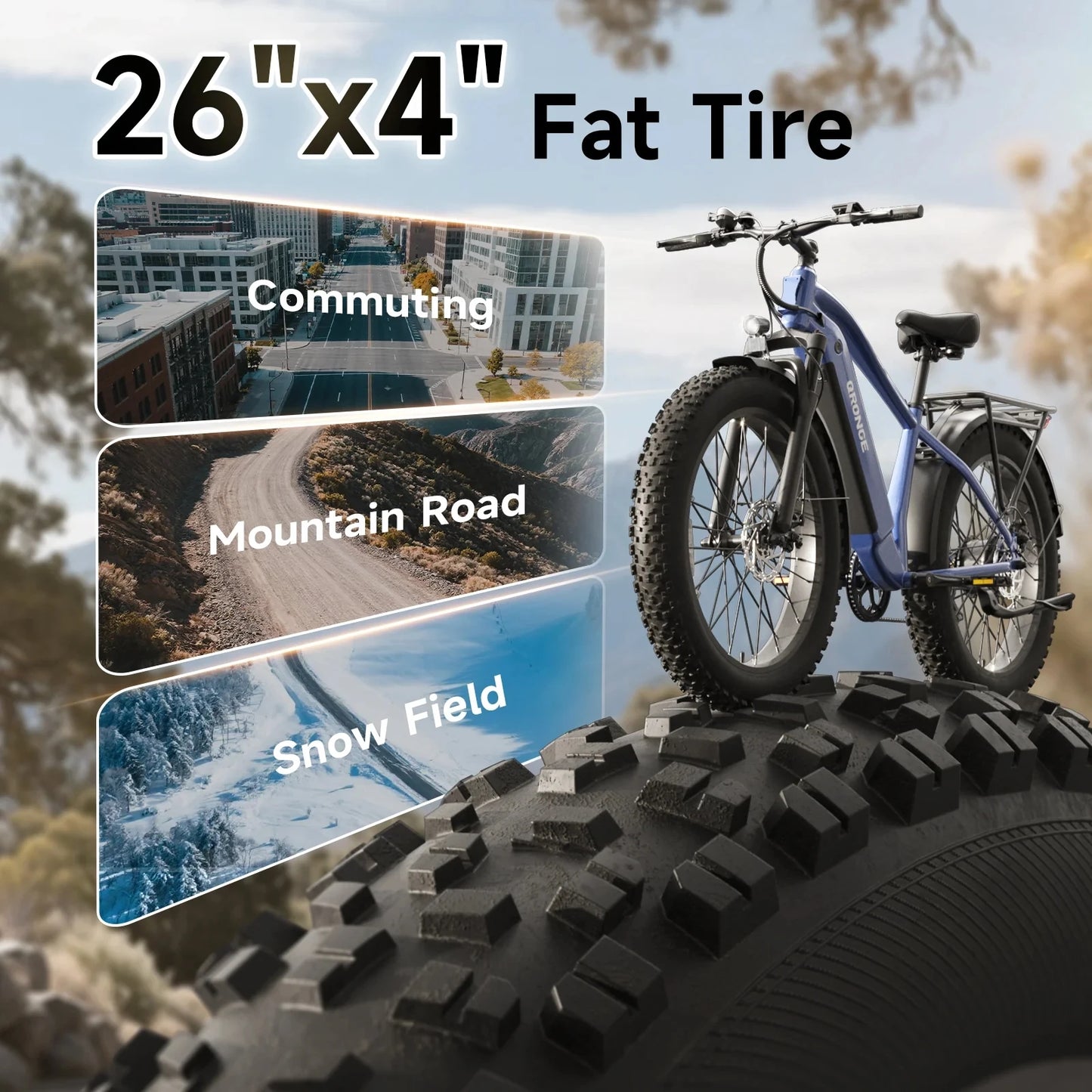QRONGE Thunder Electric Bike for Adults 1800W Peak 48V 15AH Battery E bike 28MPH(PAS Mode) Electric Bicycles 26" Fat Tire E-Bike
