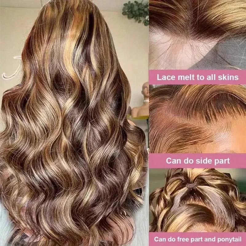 Highlight Ombre Lace Front Wig Human Hair Body Wave 13x4 HD Lace Front Wigs 200 Density Honey Blonde 4/27 Lace Wigs Human Hair