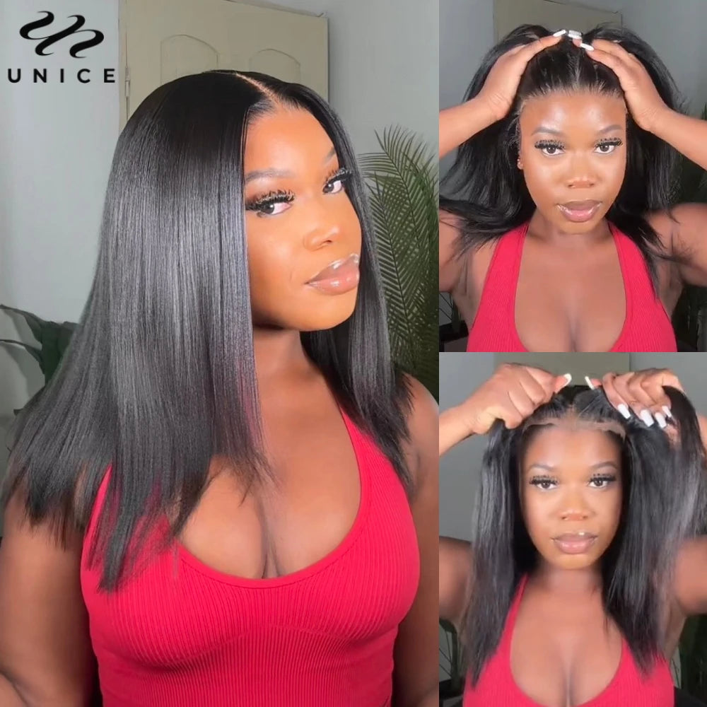 UNice 7x5 Pre Cut Pre Bleached Glueless Wig Human Hair Bone Straight & Yaki Straight Bob Wigs 150% Density