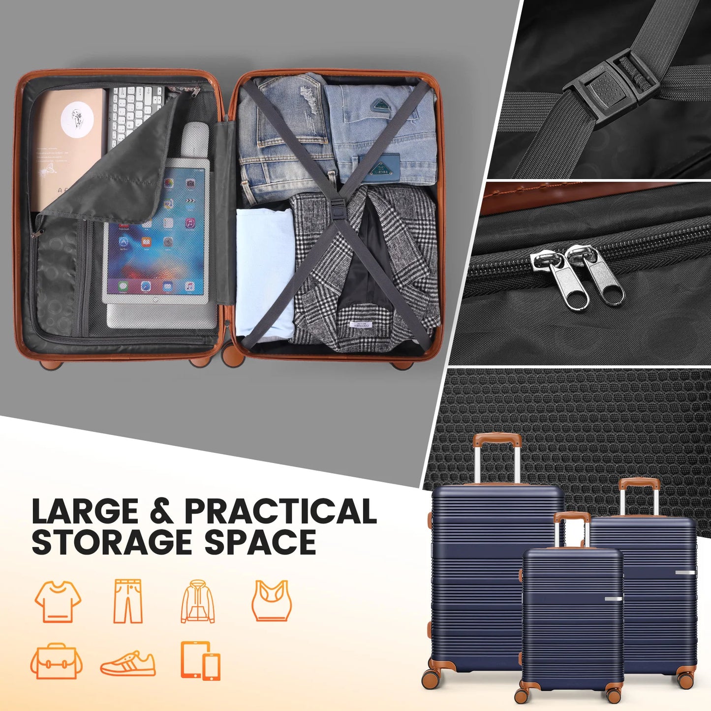 3-Piece Hardshell Luggage Set (20"/24"/28"), Nesting Suitcases with Spinner Wheels & TSA Lock for Family Travel