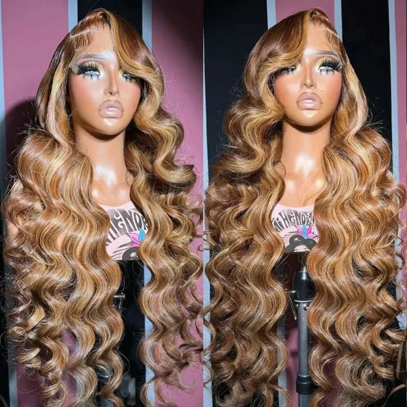 Highlight Ombre Lace Front Wig Human Hair Body Wave 13x4 HD Lace Front Wigs 200 Density Honey Blonde 4/27 Lace Wigs Human Hair