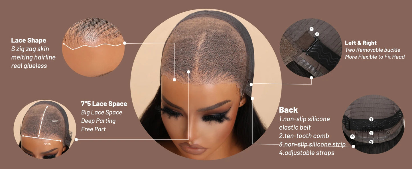 UNice 7x5 Pre Cut Pre Bleached Glueless Wig Human Hair Bone Straight & Yaki Straight Bob Wigs 150% Density