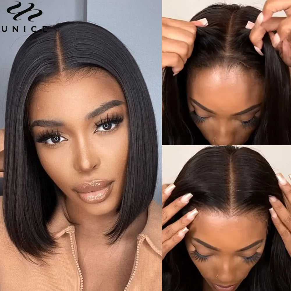 UNice 7x5 Pre Cut Pre Bleached Glueless Wig Human Hair Bone Straight & Yaki Straight Bob Wigs 150% Density