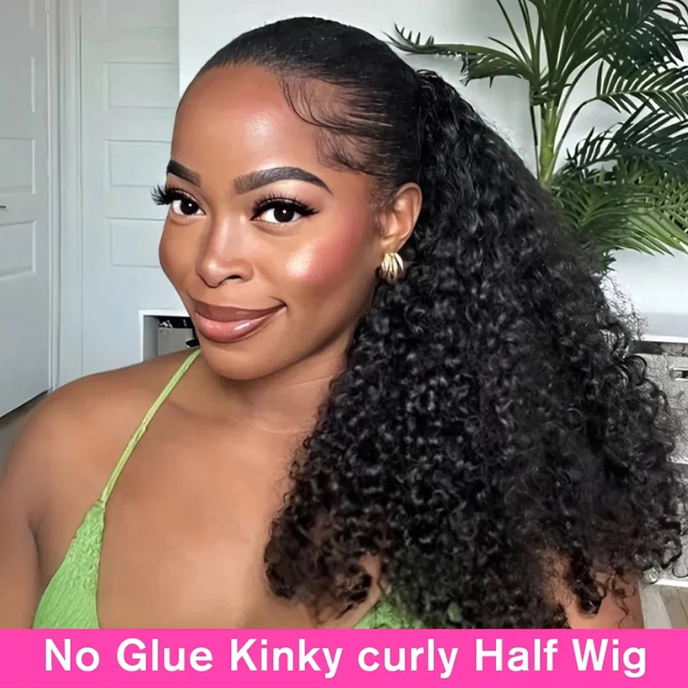 Glueless Human hair Wigs Kinky Curly Headband Wig Upgrade 3 IN 1 Half Wig With Drawstring Seamless Clip Ins Flip Over For Women