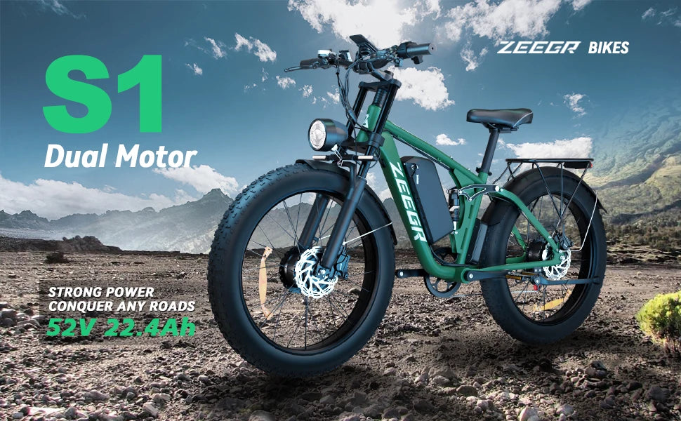 Zeegr S1 US Winter Fat Tire E-Bike 2000W Dual Motor AWD 52V 80 Mile Long Range Full Suspension 35MPH Snow Off-Road Electric Bike