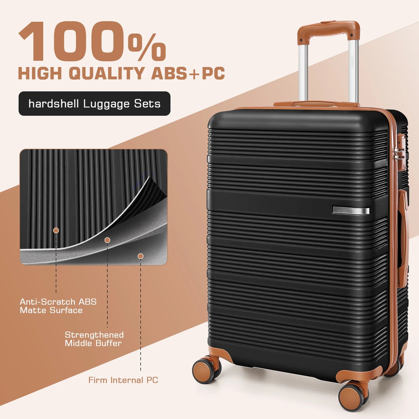 20/24/28in Lightweight Luggage Sets with Spinner Wheels&TSA Lock,3-Piece Suitcase ABS+PC Hardside Durable,Available for boarding