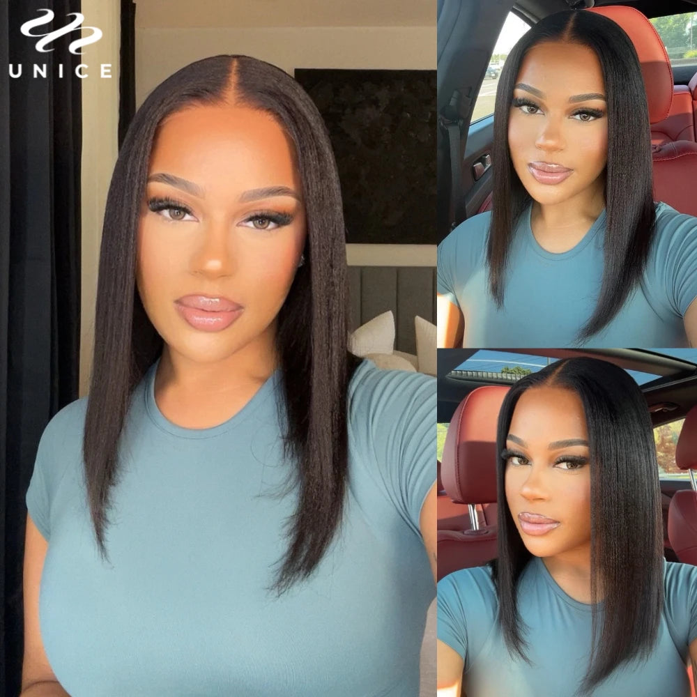 UNice 7x5 Pre Cut Pre Bleached Glueless Wig Human Hair Bone Straight & Yaki Straight Bob Wigs 150% Density