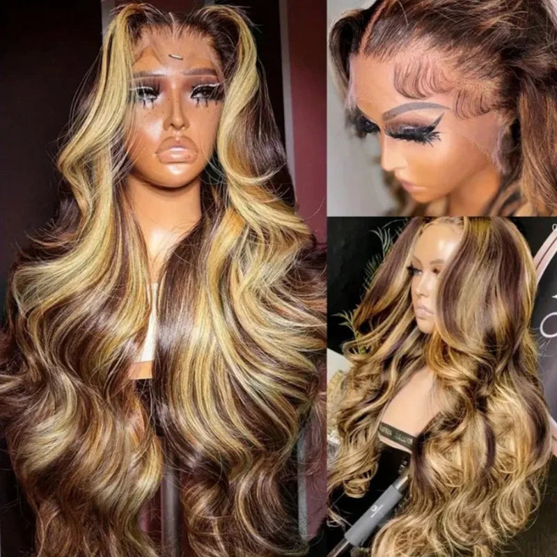 Highlight Ombre Lace Front Wig Human Hair Body Wave 13x4 HD Lace Front Wigs 200 Density Honey Blonde 4/27 Lace Wigs Human Hair
