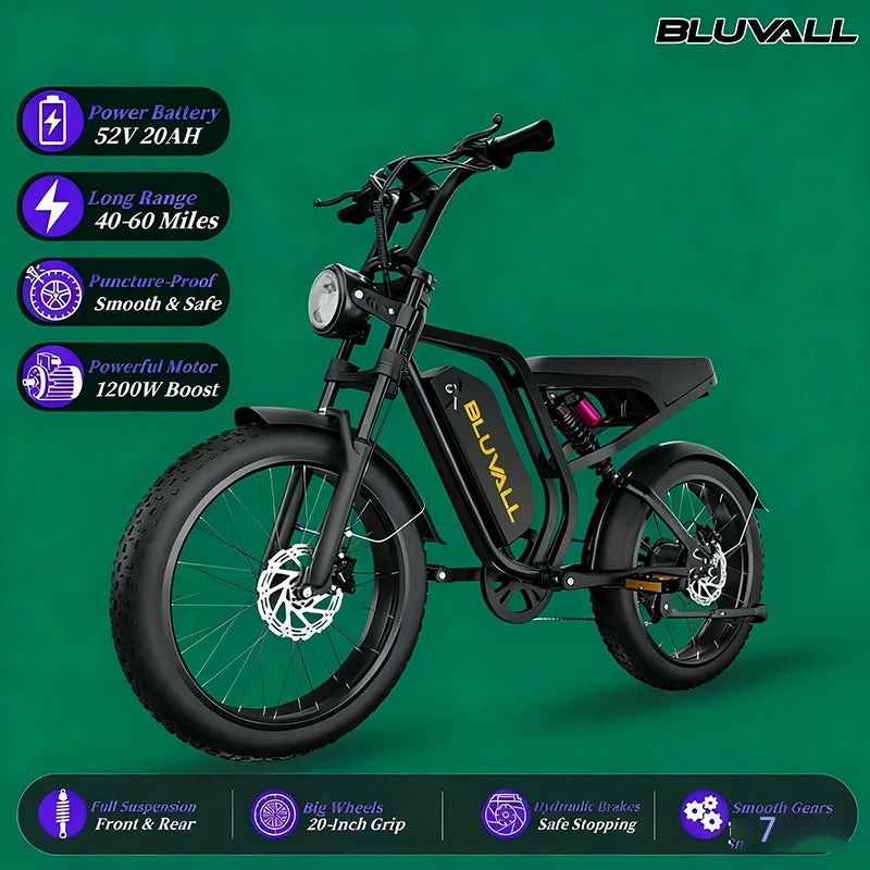 Electric Bike For Adults 20 Inch Anti-Explosion Tires1000W Motor 52V 20Ah Battery Full Suspension Off-Road E-Bike for Men Women