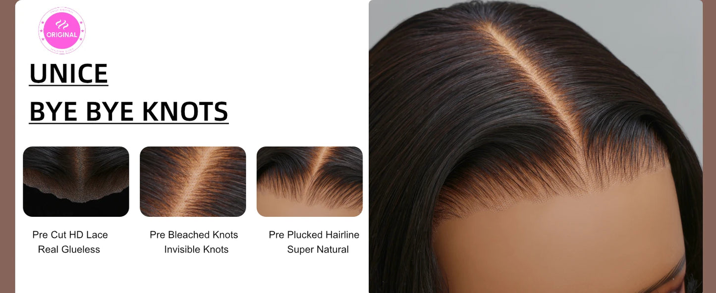 UNice 7x5 Pre Cut Pre Bleached Glueless Wig Human Hair Bone Straight & Yaki Straight Bob Wigs 150% Density