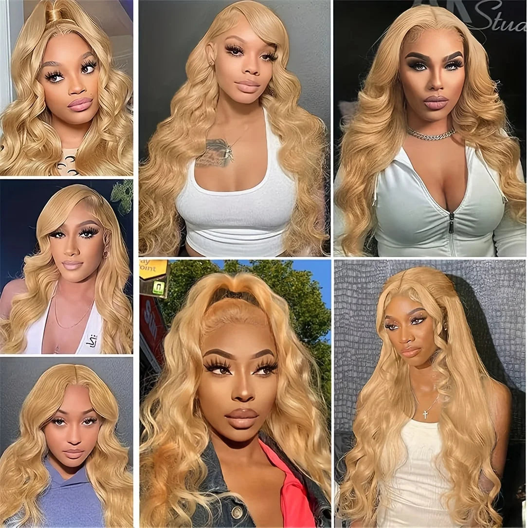 13x6 HD Body Wave Honey Blonde Lace Front Human Hair Wig For Women Lace Frontal Wigs Transparent Colored #27 Pre Plucked On Sale