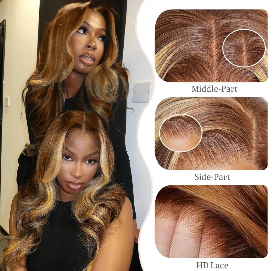 Highlight Ombre Lace Front Wig Human Hair Body Wave 13x4 HD Lace Front Wigs 200 Density Honey Blonde 4/27 Lace Wigs Human Hair