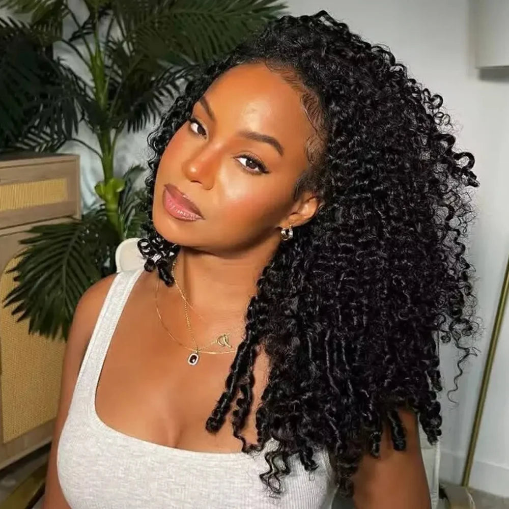 Glueless Human hair Wigs Kinky Curly Headband Wig Upgrade 3 IN 1 Half Wig With Drawstring Seamless Clip Ins Flip Over For Women