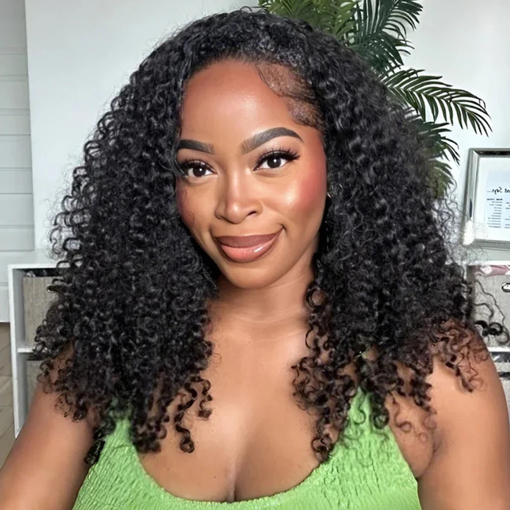 Glueless Human hair Wigs Kinky Curly Headband Wig Upgrade 3 IN 1 Half Wig With Drawstring Seamless Clip Ins Flip Over For Women