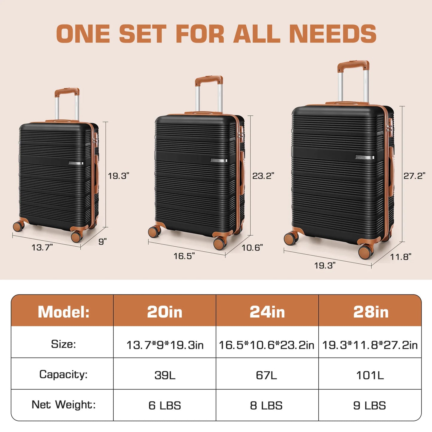 20/24/28in Lightweight Luggage Sets with Spinner Wheels&TSA Lock,3-Piece Suitcase ABS+PC Hardside Durable,Available for boarding
