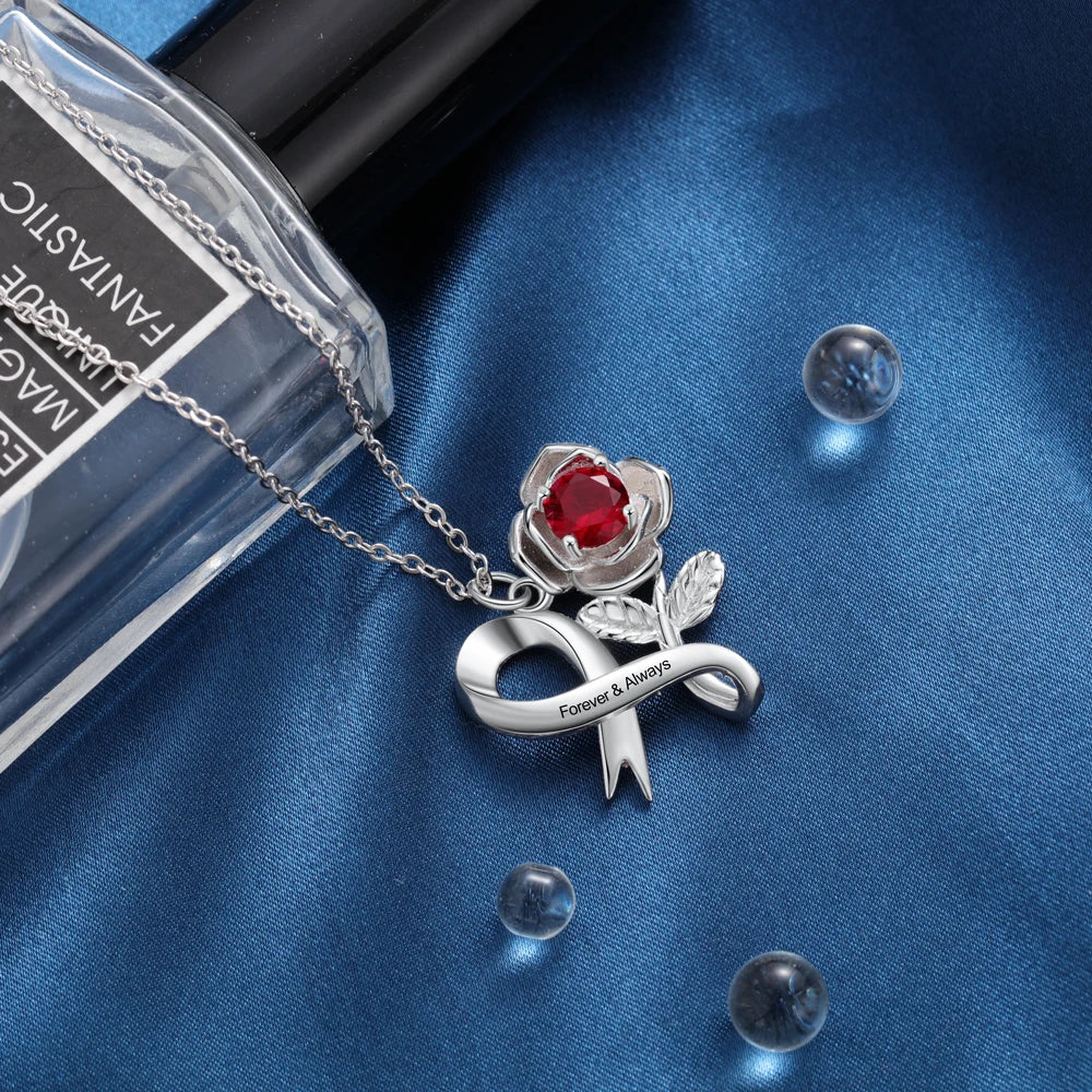 JewelOra Personalized 12 Colors Birthstone Rose Flower Leaves Necklace Customized Engraving Pendant Necklace Valentines Day Gift