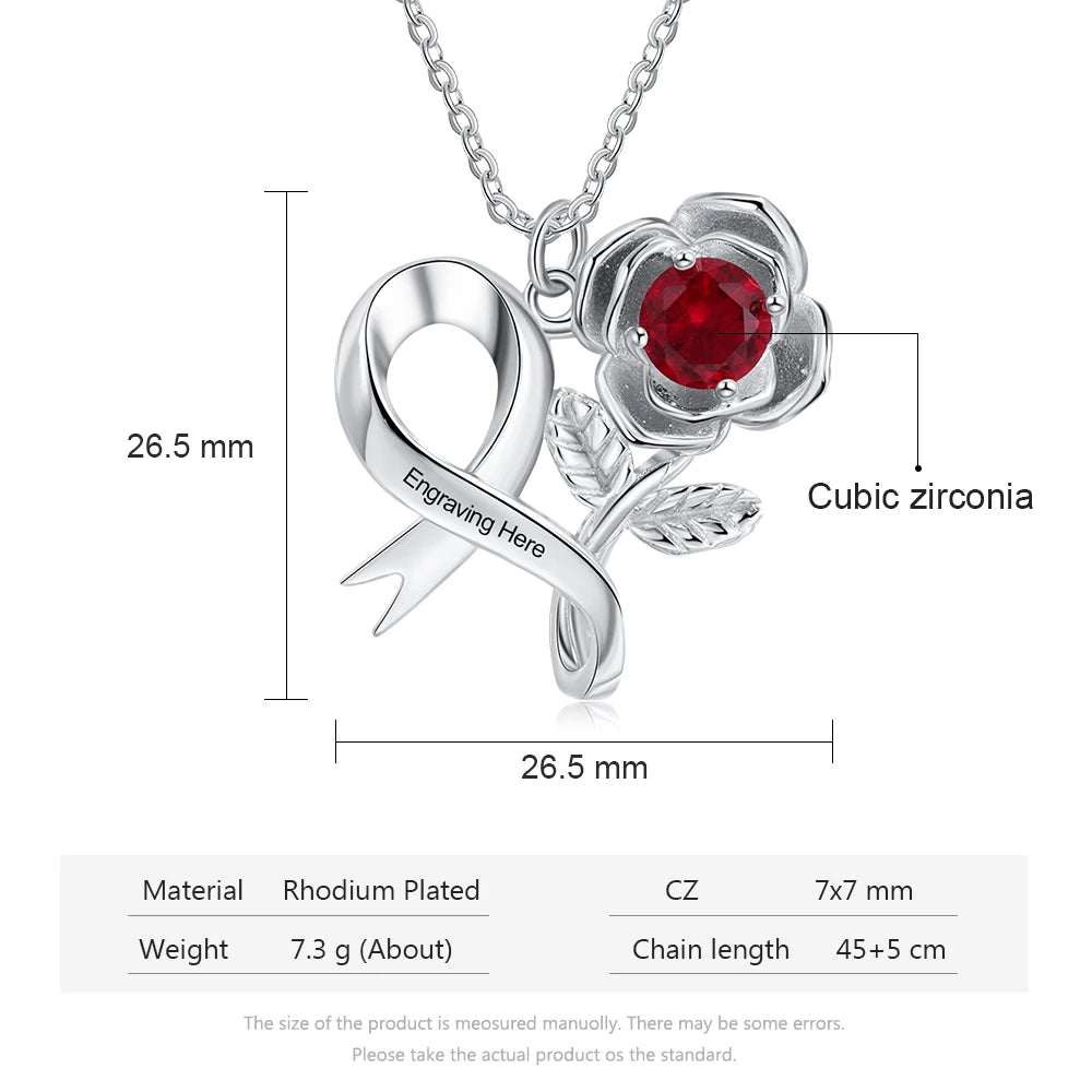 JewelOra Personalized 12 Colors Birthstone Rose Flower Leaves Necklace Customized Engraving Pendant Necklace Valentines Day Gift